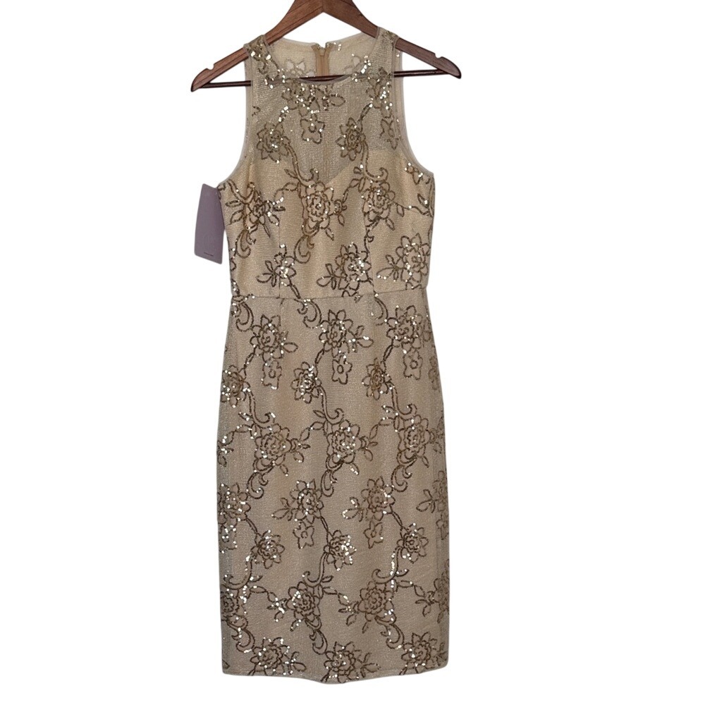 JS Collections Beaded Cocktail Dress Beige Gold Sleeveless Size 6 NWT